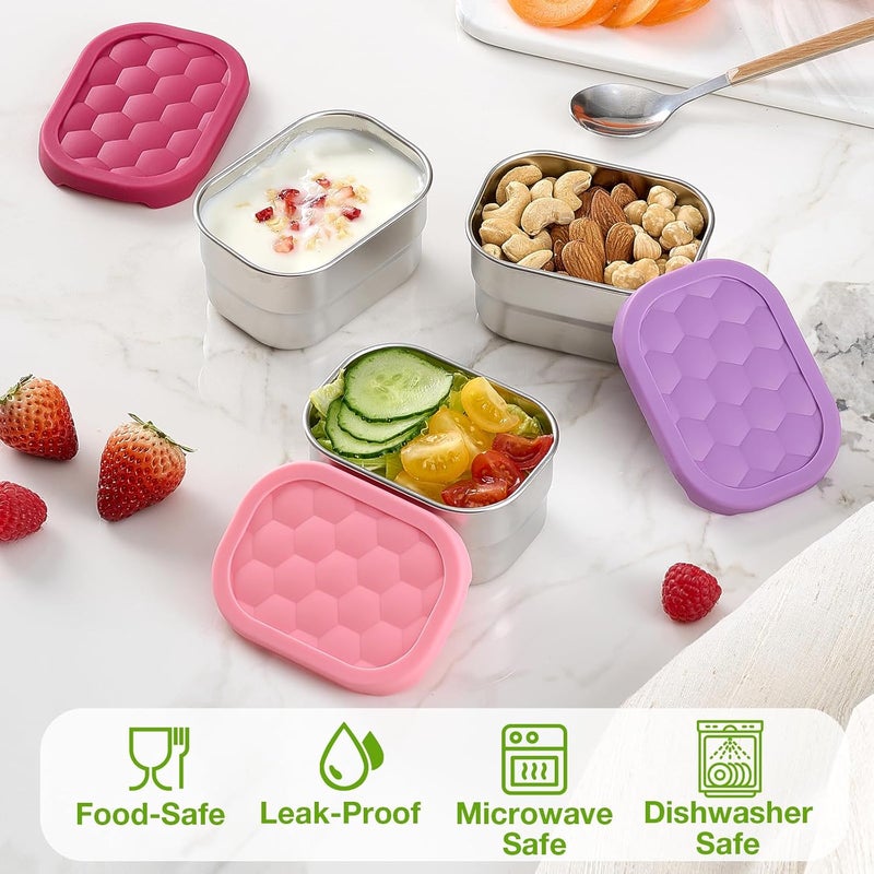 Gencywe 3 Pack Stainless Steel Snack Containers for Kids, 8 oz Easy Open Leak Proof Small Toddler Snack Containers with Silicone Lids, Stackable Metal Lunch Box for Daycare and School (Pink) - Image 3